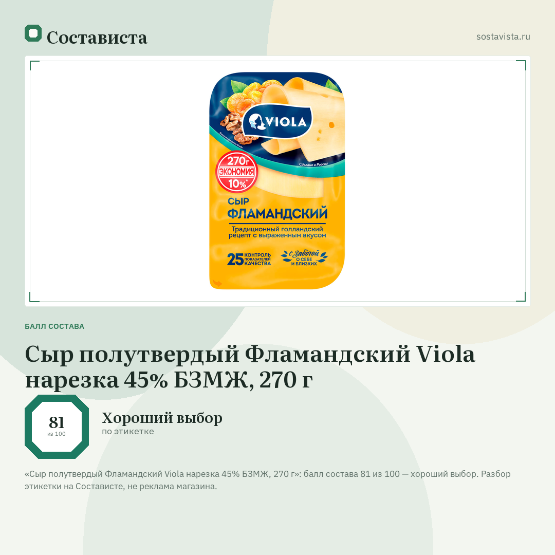 Сыр полутвердый Фламандский Viola нарезка 45% БЗМЖ, 270 г: балл состава 81 из 100 — Состависта