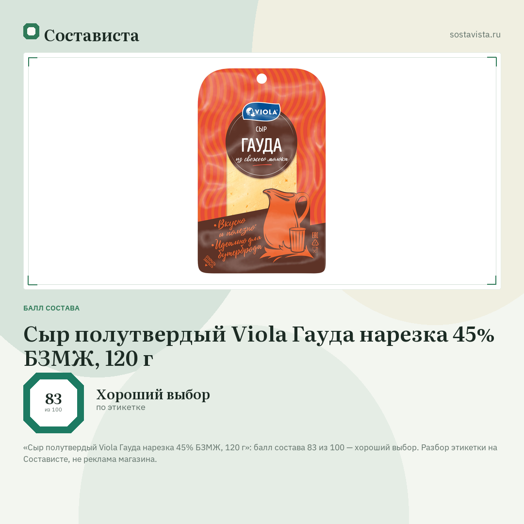 Сыр полутвердый Viola Гауда нарезка 45% БЗМЖ, 120 г: балл состава 83 из 100 — Состависта