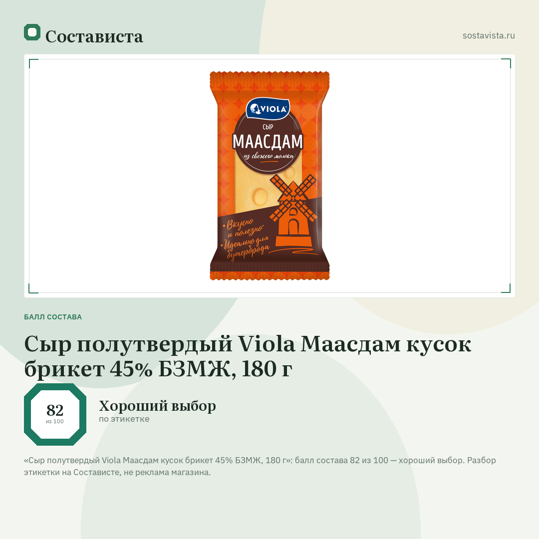 Сыр полутвердый Viola Маасдам кусок брикет 45% БЗМЖ, 180 г: балл состава 82 из 100 — Состависта