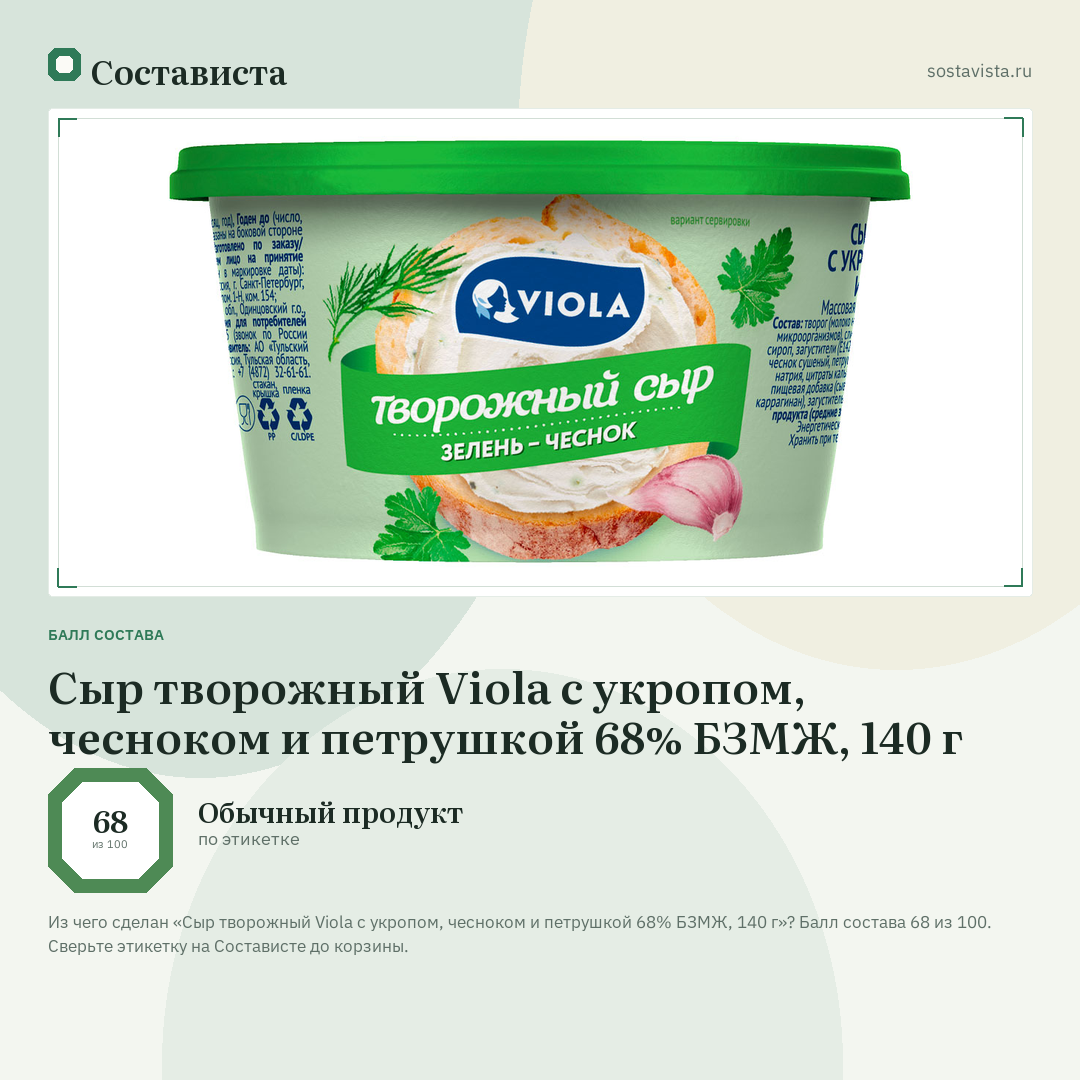 Сыр творожный Viola с укропом, чесноком и петрушкой 68% БЗМЖ, 140 г: балл состава 68 из 100 — Состависта