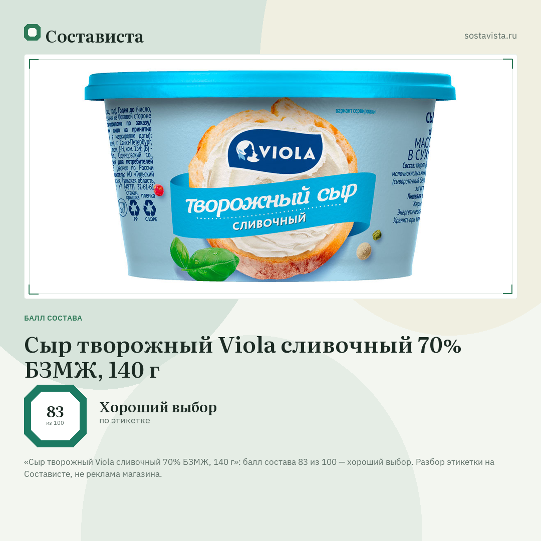 Сыр творожный Viola сливочный 70% БЗМЖ, 140 г: балл состава 83 из 100 — Состависта