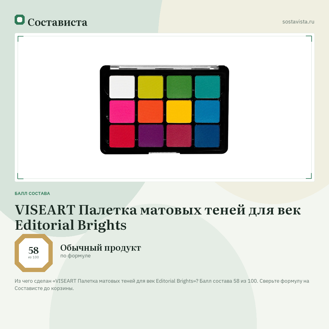 VISEART Палетка матовых теней для век Editorial Brights: балл состава 58 из 100 — Состависта