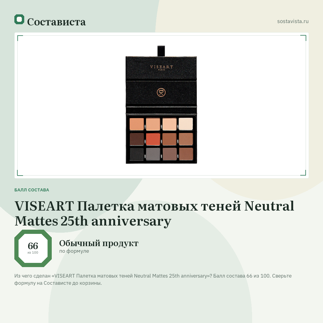 VISEART Палетка матовых теней Neutral Mattes 25th anniversary: балл состава 66 из 100 — Состависта