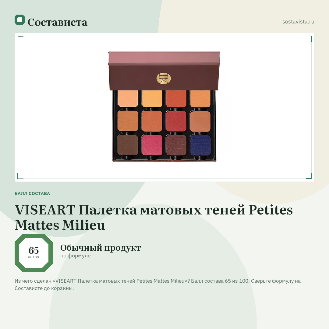 VISEART Палетка матовых теней Petites Mattes Milieu: балл состава 65 из 100 — Состависта