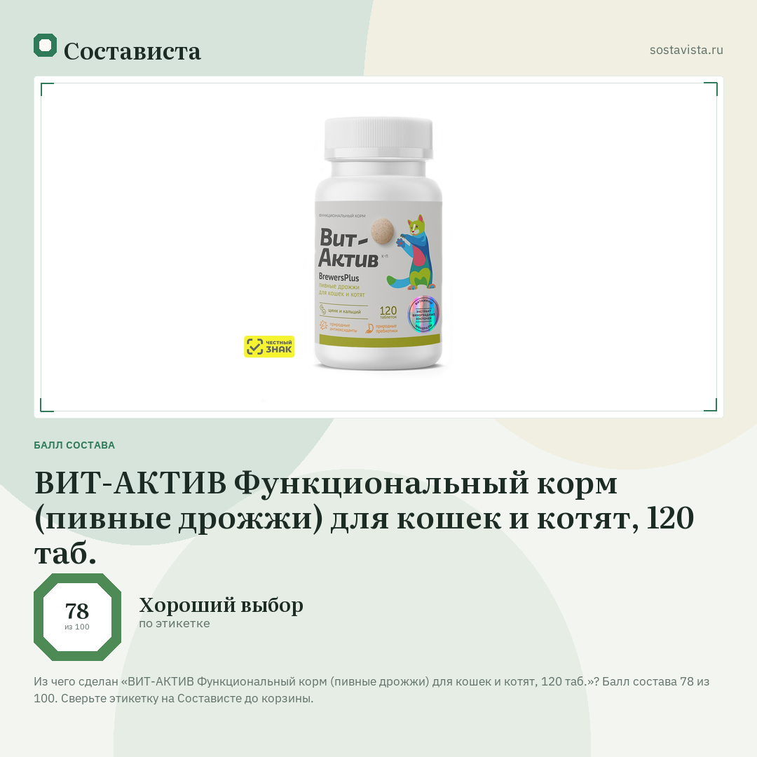 ВИТ-АКТИВ Функциональный корм (пивные дрожжи) для кошек и котят, 120 таб.: балл состава 78 из 100 — Состависта