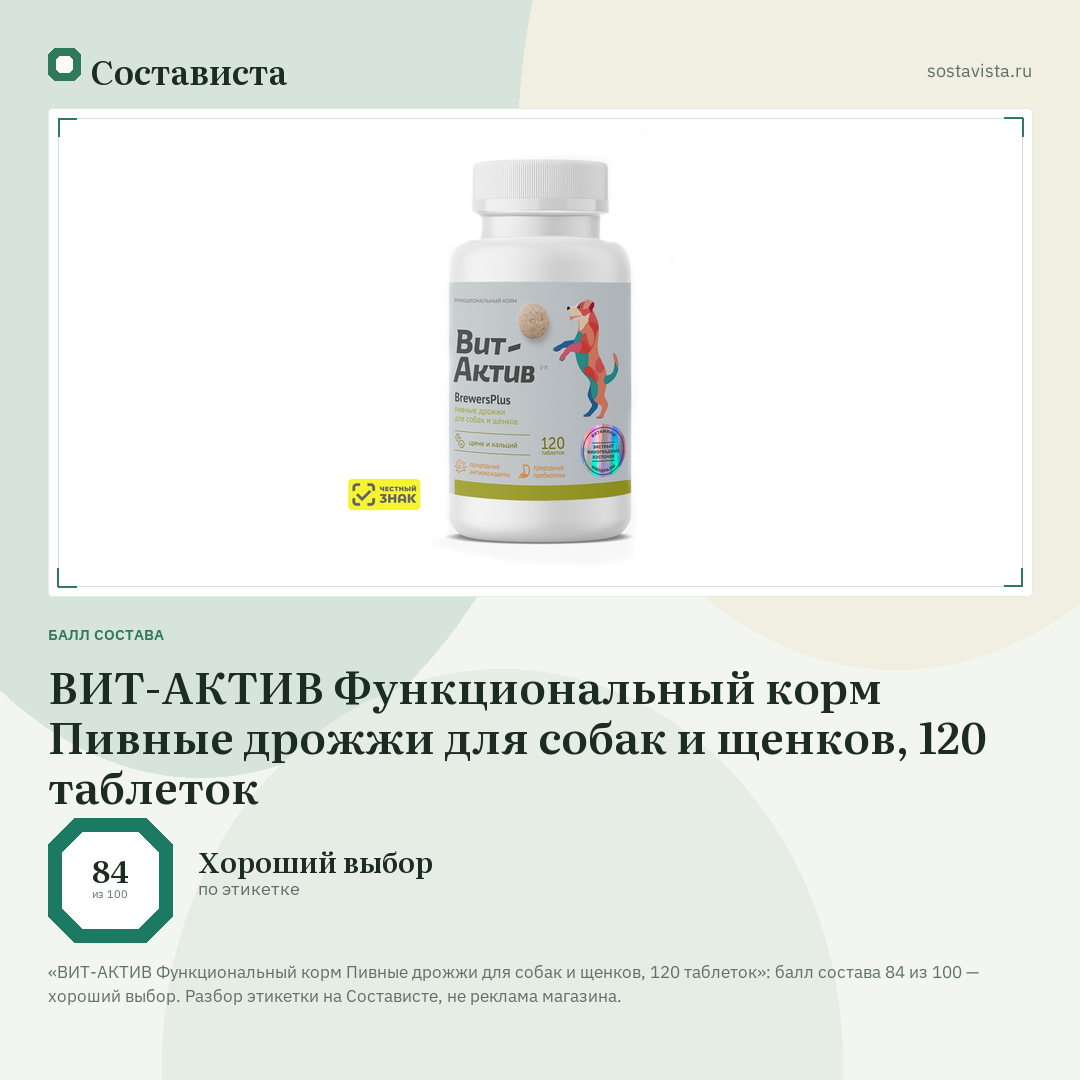 ВИТ-АКТИВ Функциональный корм Пивные дрожжи для собак и щенков, 120 таблеток: балл состава 84 из 100 — Состависта