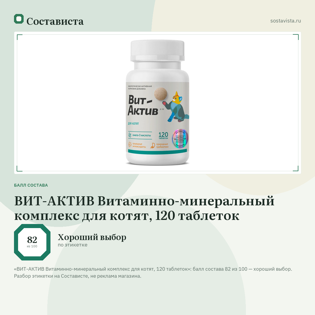 ВИТ-АКТИВ Витаминно-минеральный комплекс для котят, 120 таблеток: балл состава 82 из 100 — Состависта