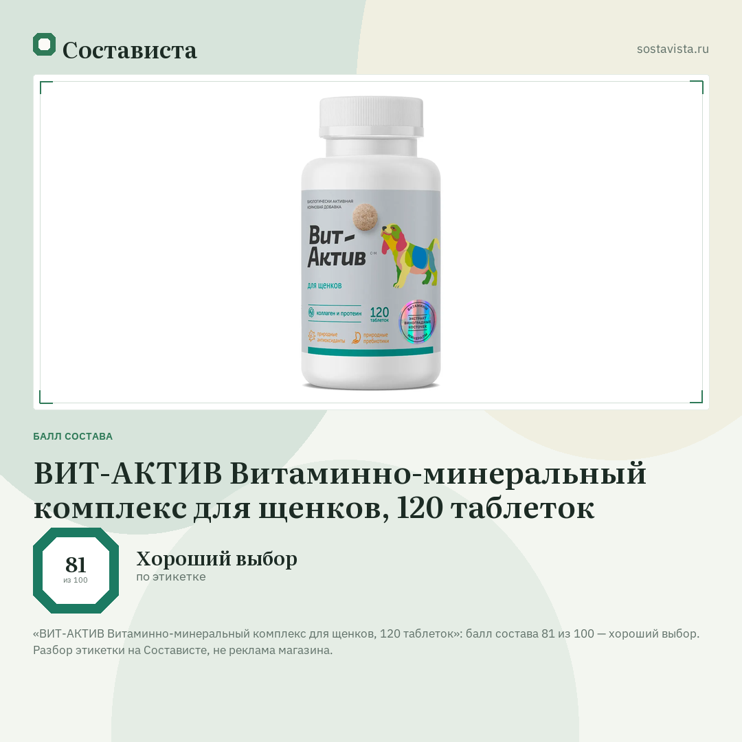 ВИТ-АКТИВ Витаминно-минеральный комплекс для щенков, 120 таблеток: балл состава 81 из 100 — Состависта