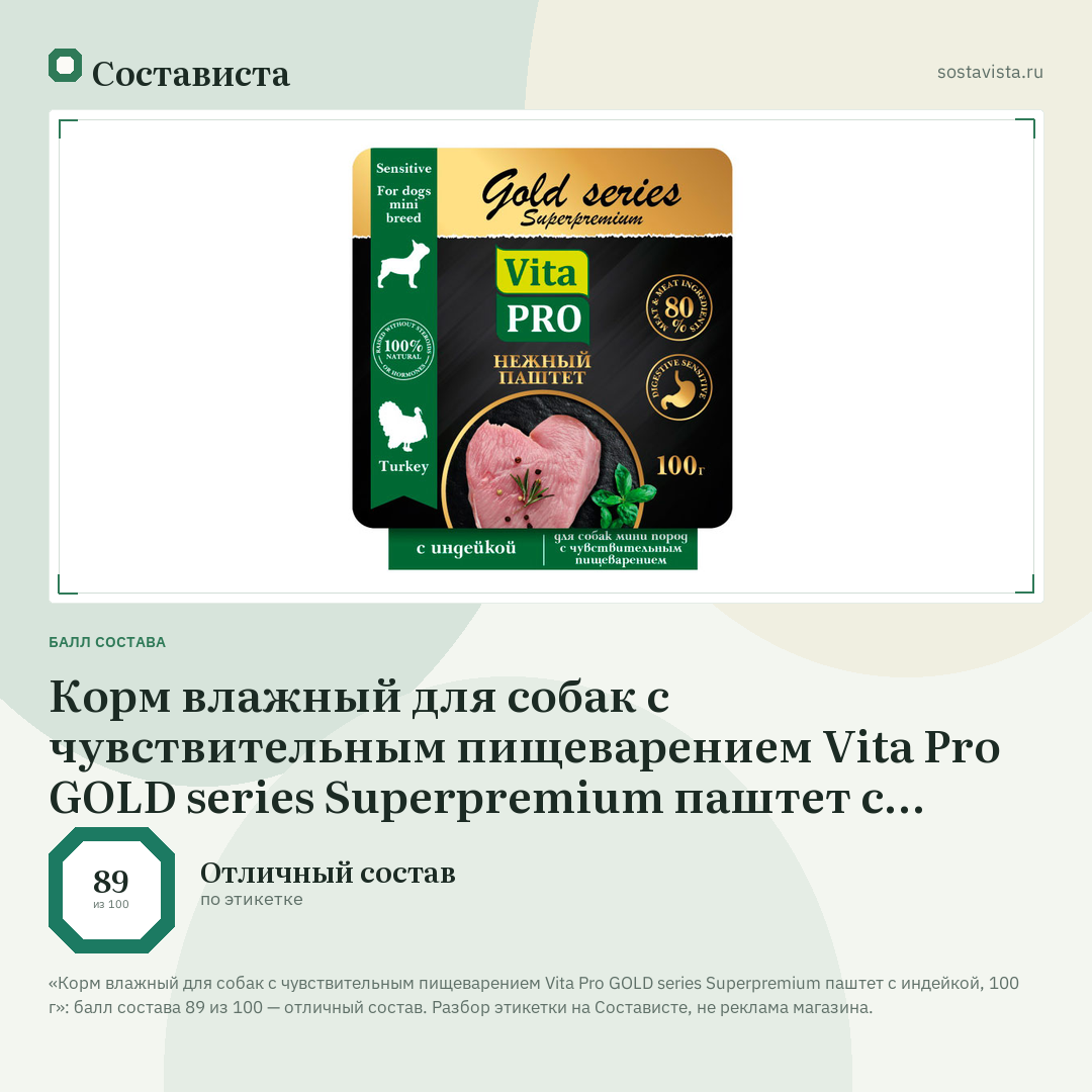Корм влажный для собак с чувствительным пищеварением Vita Pro GOLD series Superpremium паштет с индейкой, 100 г: балл состава 89 из 100 — Состависта