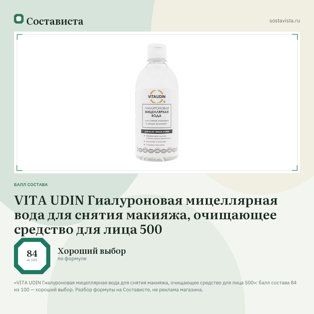 VITA UDIN Гиалуроновая мицеллярная вода для снятия макияжа, очищающее средство для лица 500: балл состава 84 из 100 — Состависта