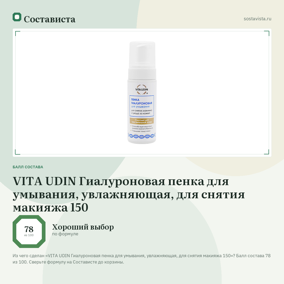 VITA UDIN Гиалуроновая пенка для умывания, увлажняющая, для снятия макияжа 150: балл состава 78 из 100 — Состависта