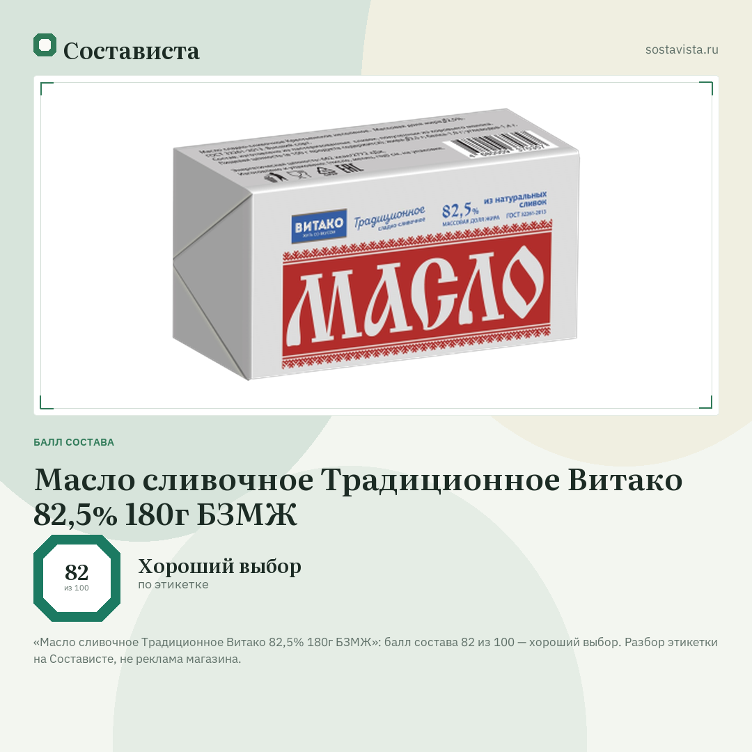 Масло сливочное Традиционное Витако 82,5% 180г БЗМЖ: балл состава 82 из 100 — Состависта