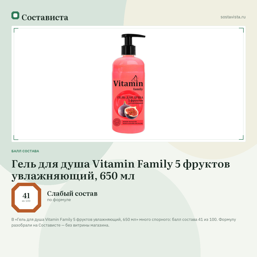 Гель для душа Vitamin Family 5 фруктов увлажняющий, 650 мл: балл состава 41 из 100 — Состависта