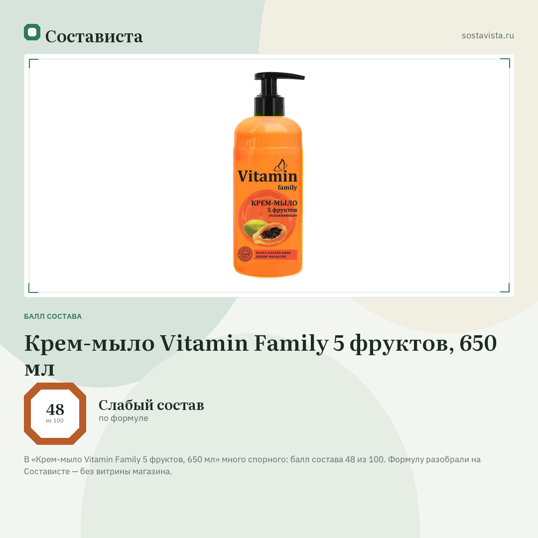 Крем-мыло Vitamin Family 5 фруктов, 650 мл: балл состава 48 из 100 — Состависта