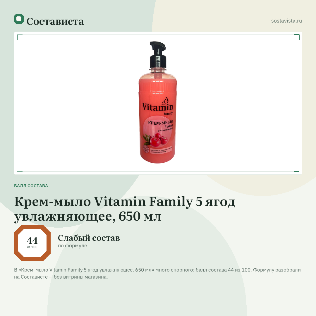 Крем-мыло Vitamin Family 5 ягод увлажняющее, 650 мл: балл состава 44 из 100 — Состависта