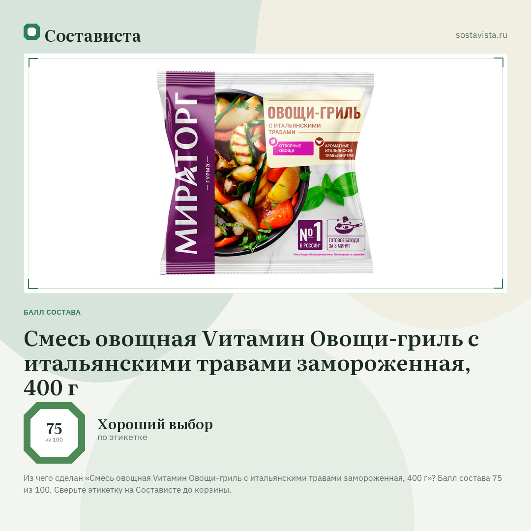 Смесь овощная Vитамин Овощи-гриль с итальянскими травами замороженная, 400 г: балл состава 75 из 100 — Состависта