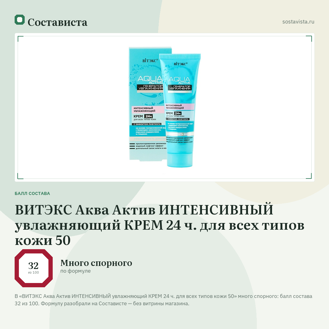 ВИТЭКС Аква Актив ИНТЕНСИВНЫЙ увлажняющий КРЕМ 24 ч. для всех типов кожи 50: балл состава 32 из 100 — Состависта