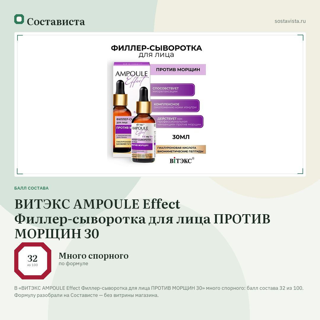 ВИТЭКС AMPOULE Effect Филлер-сыворотка для лица ПРОТИВ МОРЩИН 30: балл состава 32 из 100 — Состависта