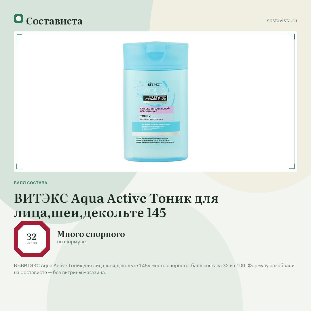 ВИТЭКС Aqua Active Тоник для лица,шеи,декольте 145: балл состава 32 из 100 — Состависта