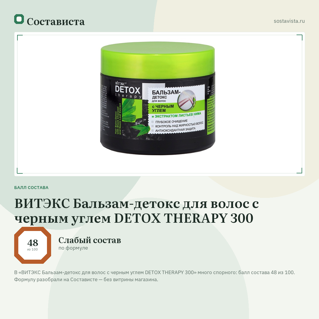 ВИТЭКС Бальзам-детокс для волос с черным углем DETOX THERAPY 300: балл состава 48 из 100 — Состависта