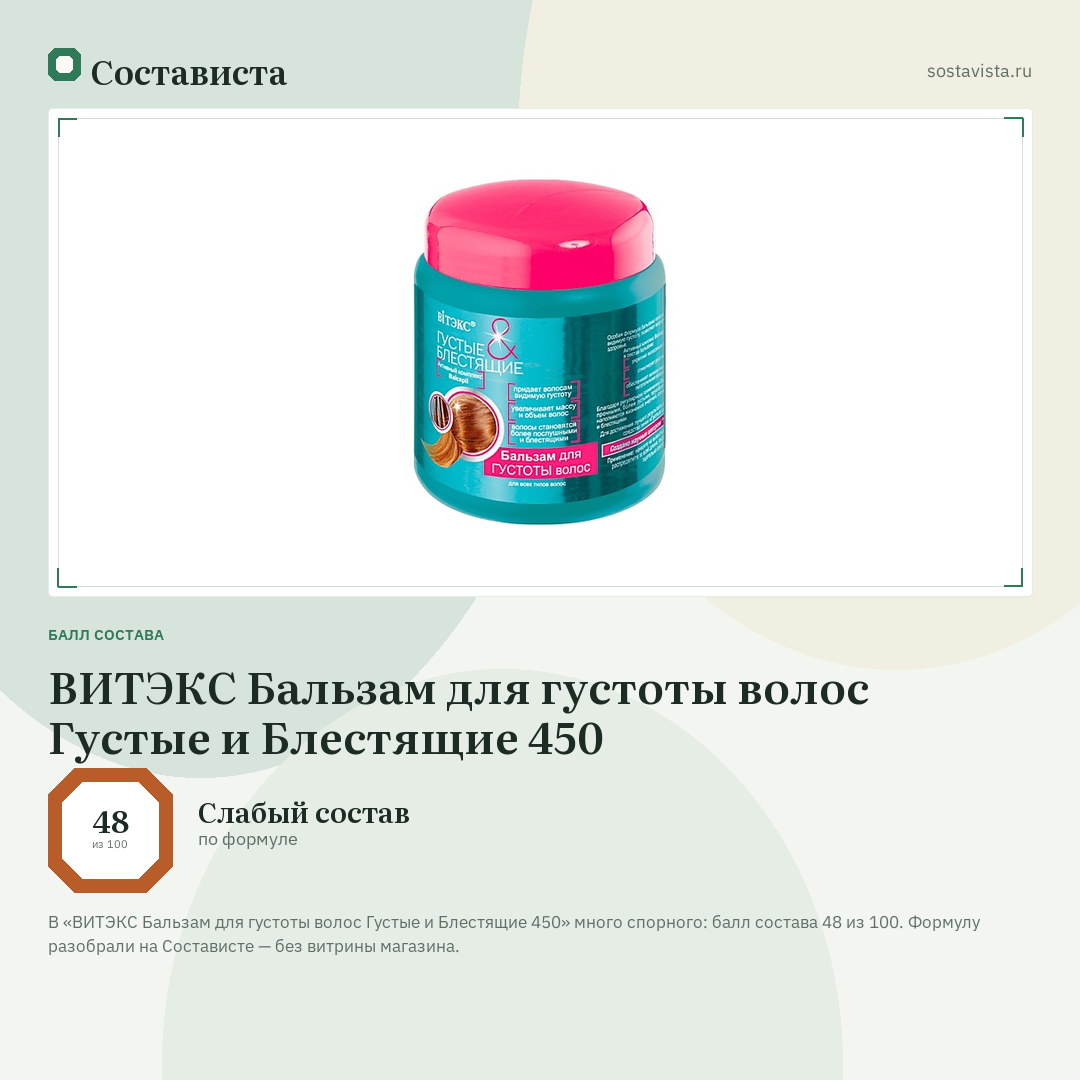 ВИТЭКС Бальзам для густоты волос Густые и Блестящие 450: балл состава 48 из 100 — Состависта