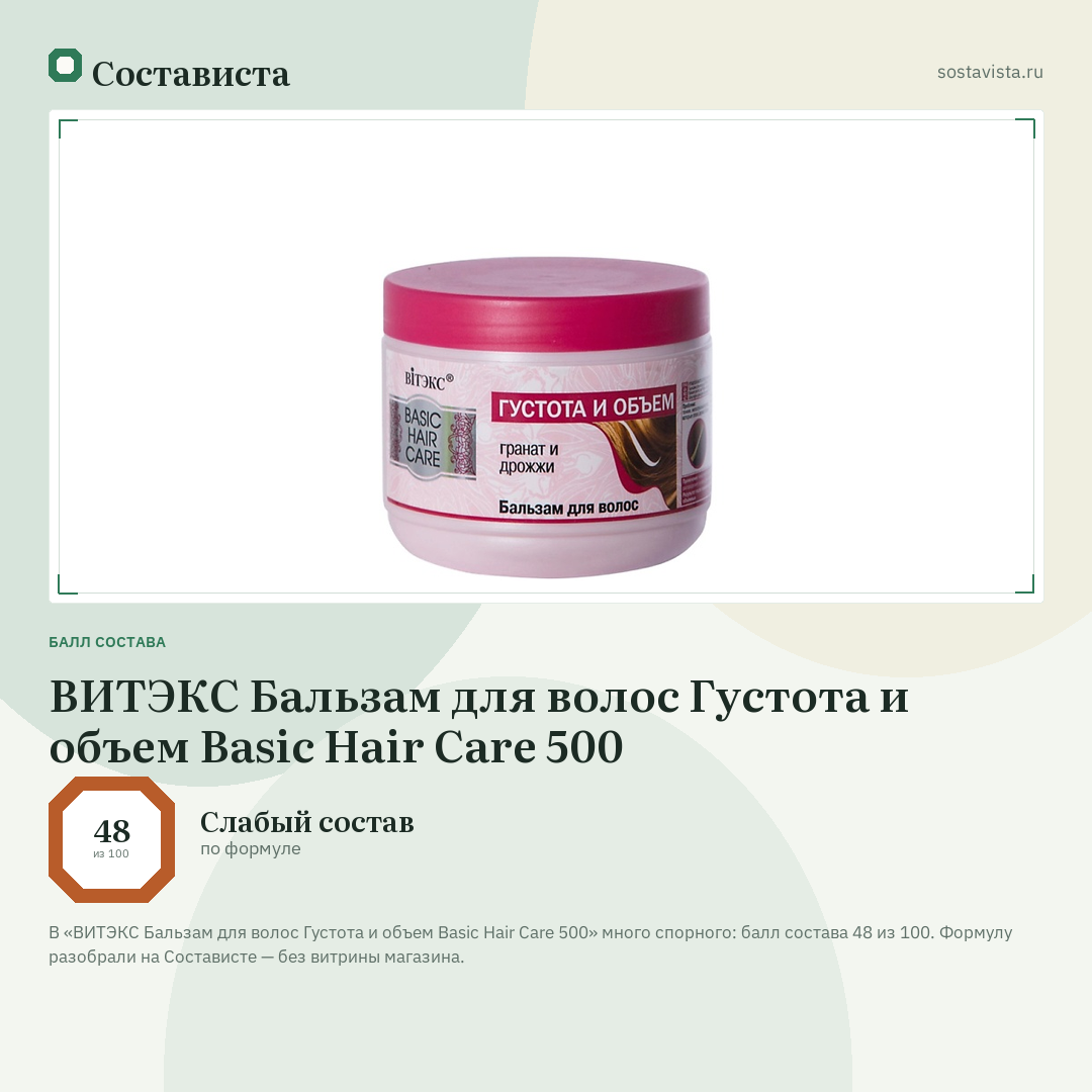 ВИТЭКС Бальзам для волос Густота и объем Basic Hair Care 500: балл состава 48 из 100 — Состависта