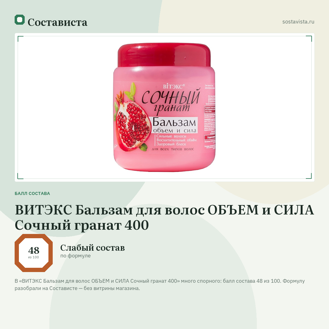 ВИТЭКС Бальзам для волос ОБЪЕМ и СИЛА Сочный гранат 400: балл состава 48 из 100 — Состависта