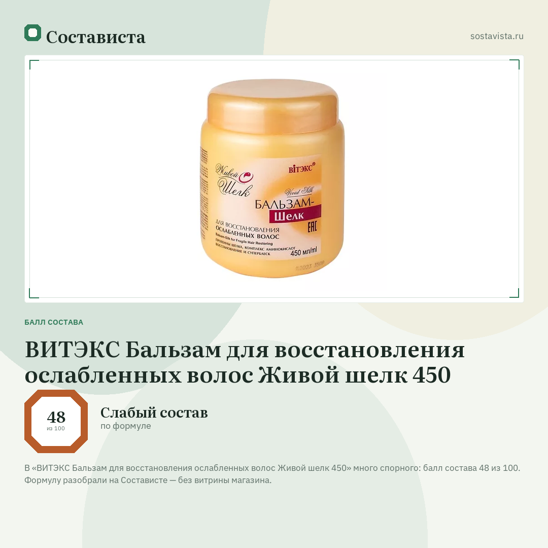 ВИТЭКС Бальзам для восстановления ослабленных волос Живой шелк 450: балл состава 48 из 100 — Состависта