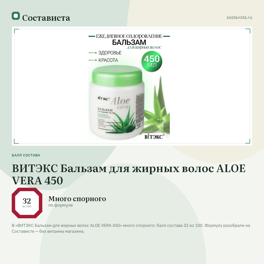 ВИТЭКС Бальзам для жирных волос ALOE VERA 450: балл состава 32 из 100 — Состависта