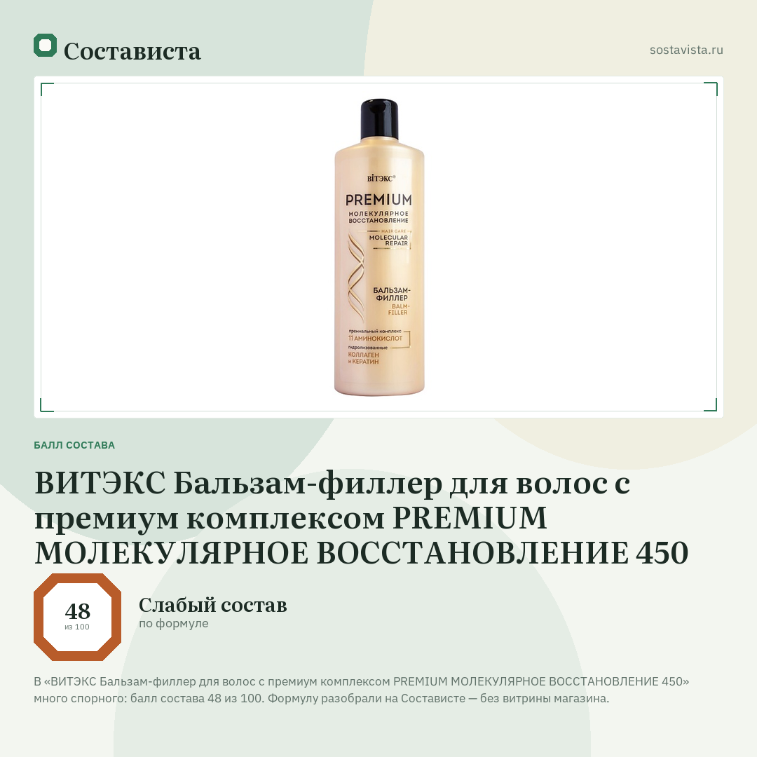 ВИТЭКС Бальзам-филлер для волос с премиум комплексом PREMIUM МОЛЕКУЛЯРНОЕ ВОССТАНОВЛЕНИЕ 450: балл состава 48 из 100 — Состависта