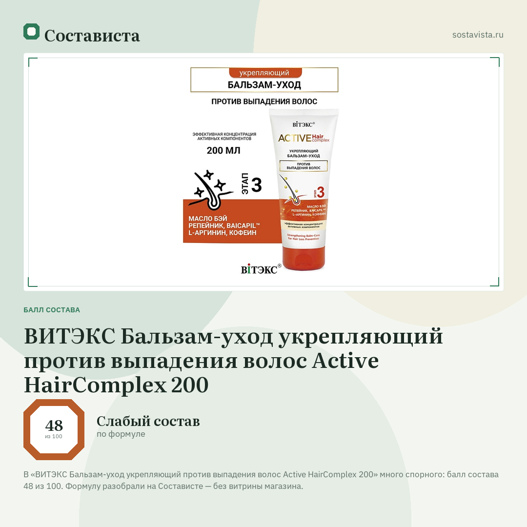 ВИТЭКС Бальзам-уход укрепляющий против выпадения волос Active HairComplex 200: балл состава 48 из 100 — Состависта