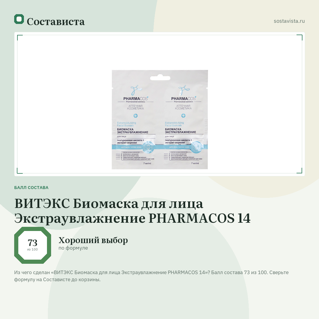 ВИТЭКС Биомаска для лица Экстраувлажнение PHARMACOS 14: балл состава 73 из 100 — Состависта