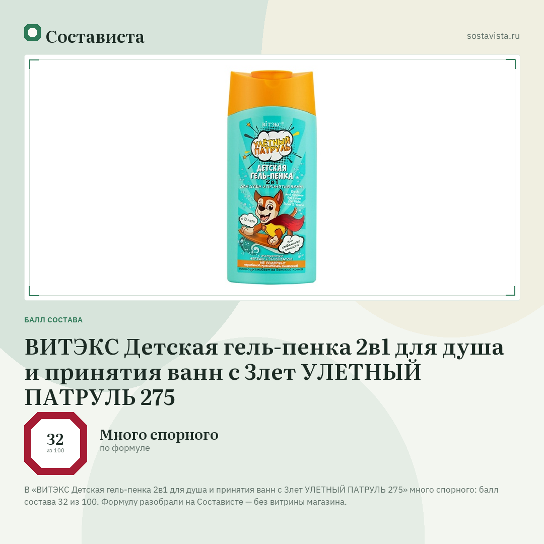 ВИТЭКС Детская гель-пенка 2в1 для душа и принятия ванн с 3лет УЛЕТНЫЙ ПАТРУЛЬ 275: балл состава 32 из 100 — Состависта
