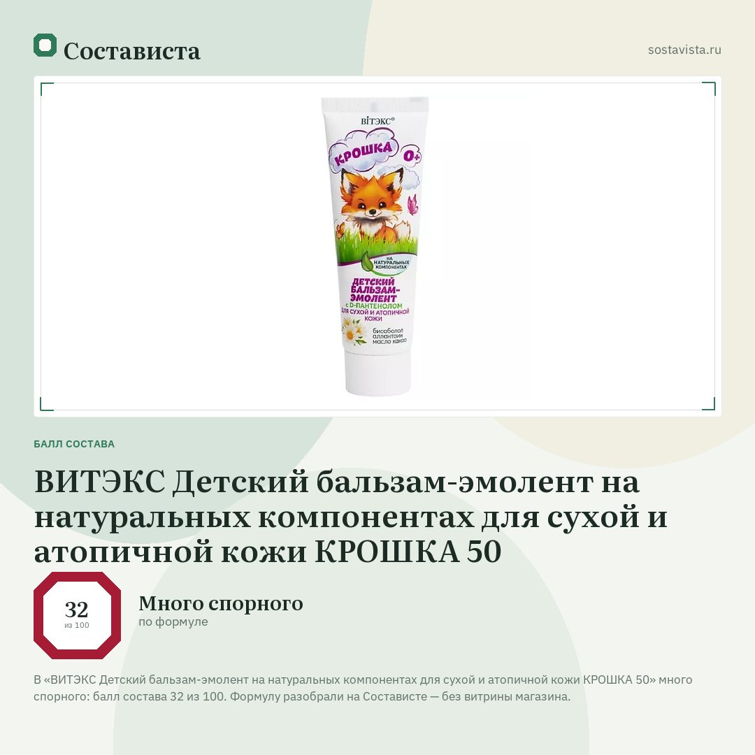 ВИТЭКС Детский бальзам-эмолент на натуральных компонентах для сухой и атопичной кожи КРОШКА 50: балл состава 32 из 100 — Состависта