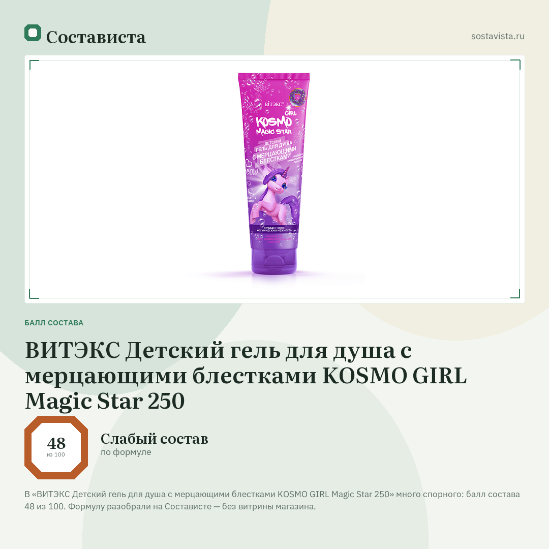 ВИТЭКС Детский гель для душа с мерцающими блестками KOSMO GIRL Magic Star 250: балл состава 48 из 100 — Состависта