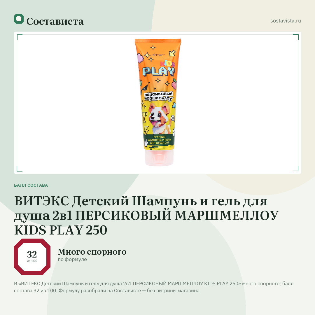 ВИТЭКС Детский Шампунь и гель для душа 2в1 ПЕРСИКОВЫЙ МАРШМЕЛЛОУ KIDS PLAY 250: балл состава 32 из 100 — Состависта