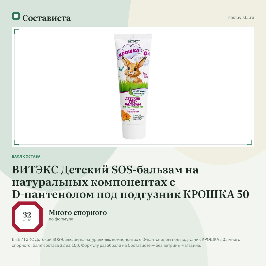 ВИТЭКС Детский SOS-бальзам на натуральных компонентах с D-пантенолом под подгузник КРОШКА 50: балл состава 32 из 100 — Состависта