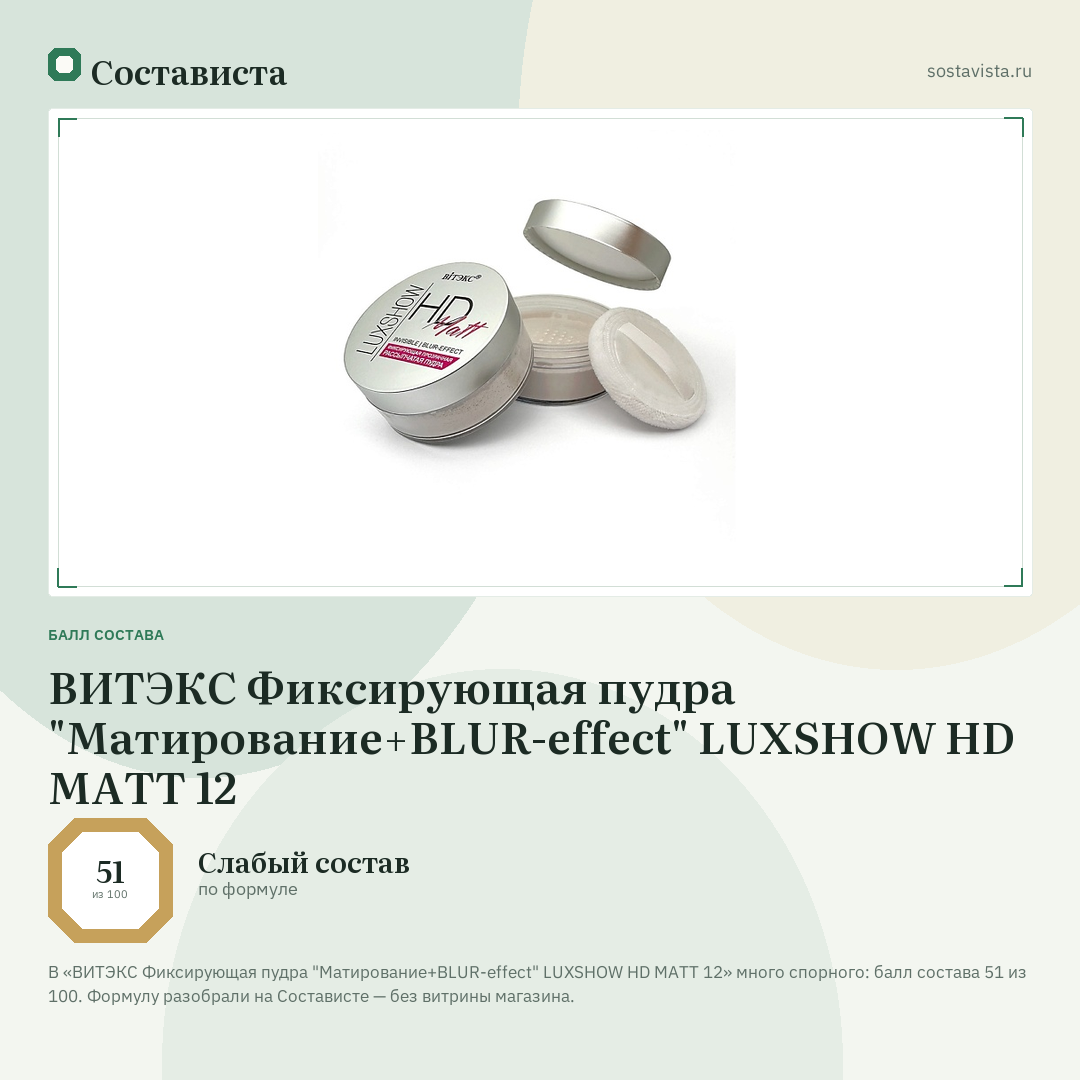 ВИТЭКС Фиксирующая пудра "Матирование+BLUR-effect" LUXSHOW HD MATT 12: балл состава 51 из 100 — Состависта
