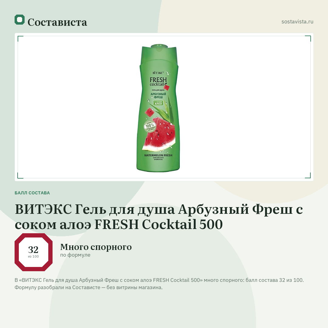 ВИТЭКС Гель для душа Арбузный Фреш с соком алоэ FRESH Cocktail 500: балл состава 32 из 100 — Состависта