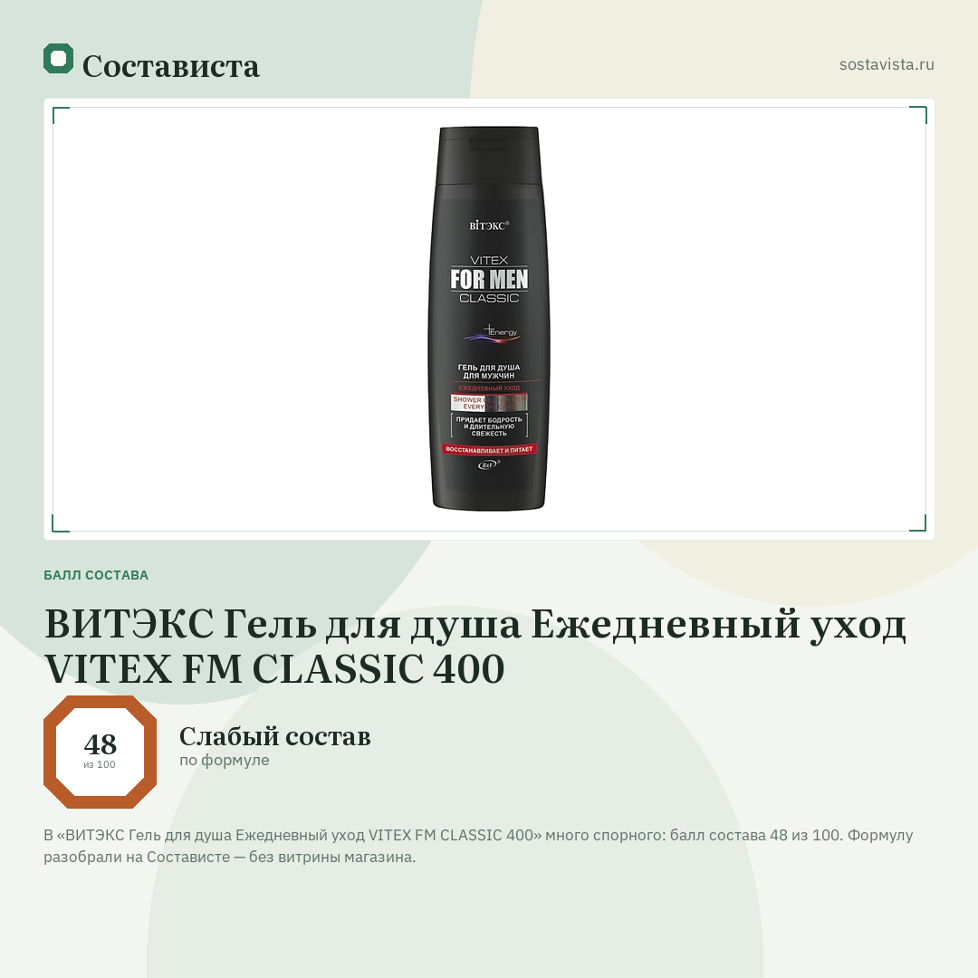 ВИТЭКС Гель для душа Ежедневный уход VITEX FM CLASSIC 400: балл состава 48 из 100 — Состависта