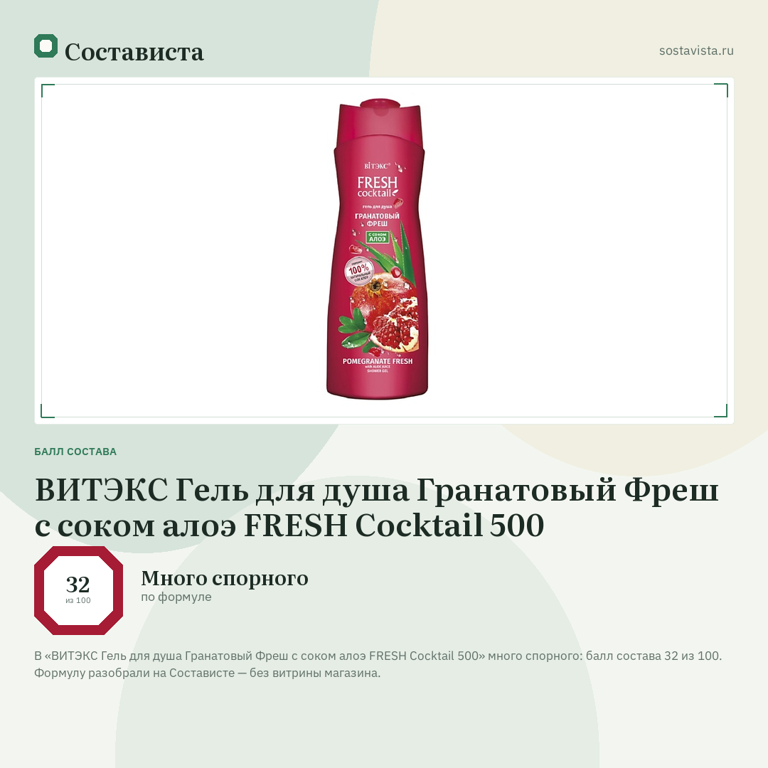 ВИТЭКС Гель для душа Гранатовый Фреш с соком алоэ FRESH Cocktail 500: балл состава 32 из 100 — Состависта