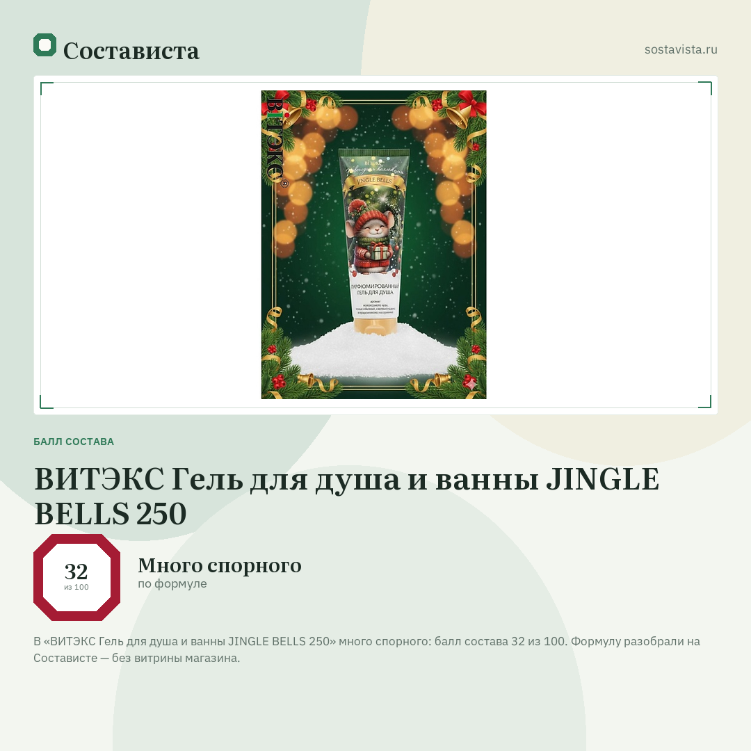 ВИТЭКС Гель для душа и ванны JINGLE BELLS 250: балл состава 32 из 100 — Состависта