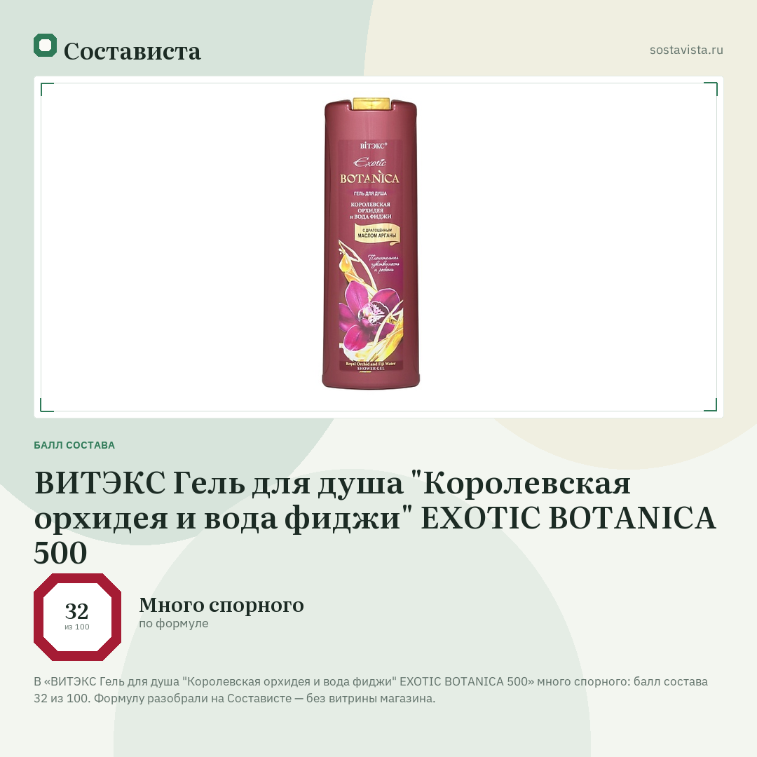 ВИТЭКС Гель для душа "Королевская орхидея и вода фиджи" EXOTIC BOTANICA 500: балл состава 32 из 100 — Состависта