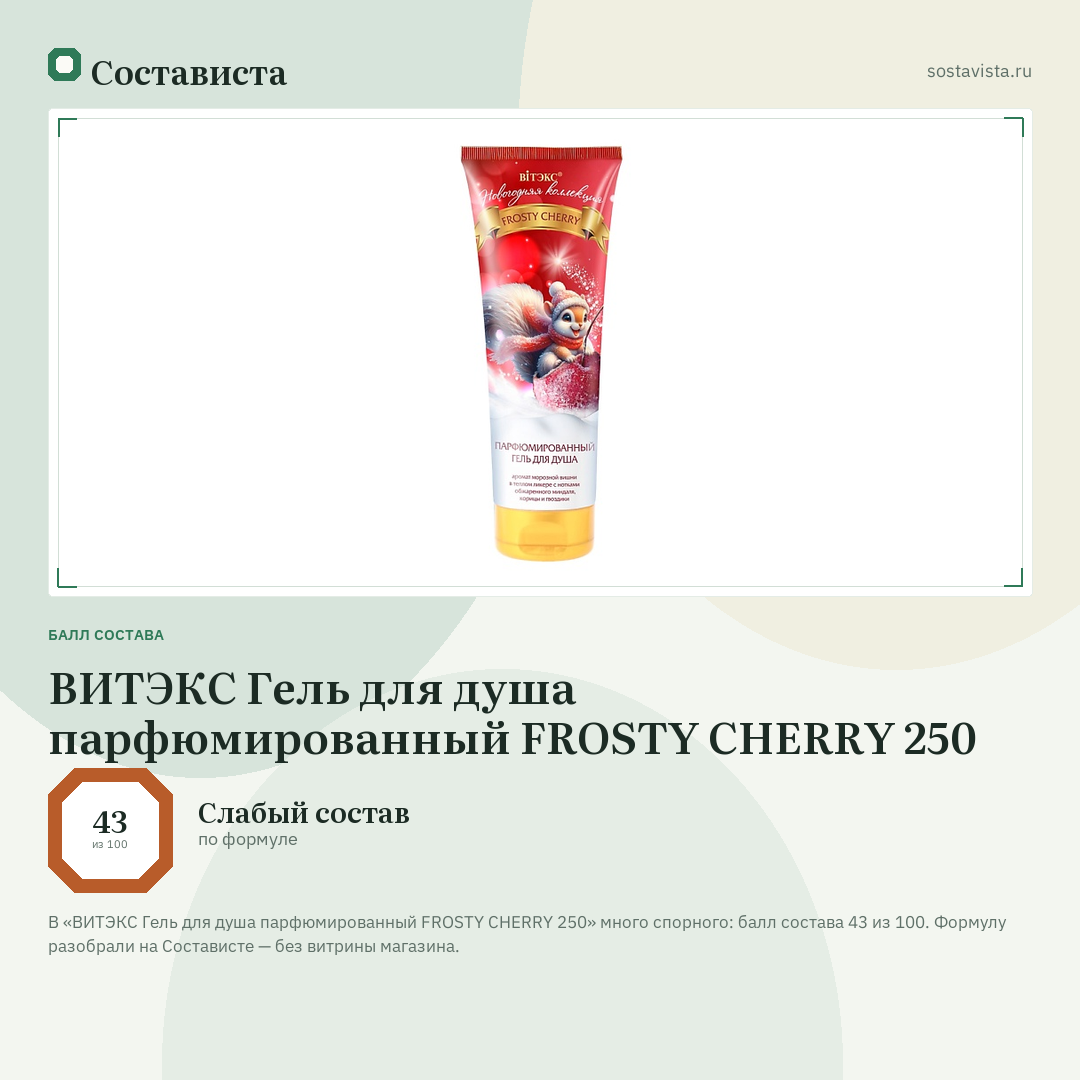 ВИТЭКС Гель для душа парфюмированный FROSTY CHERRY 250: балл состава 43 из 100 — Состависта