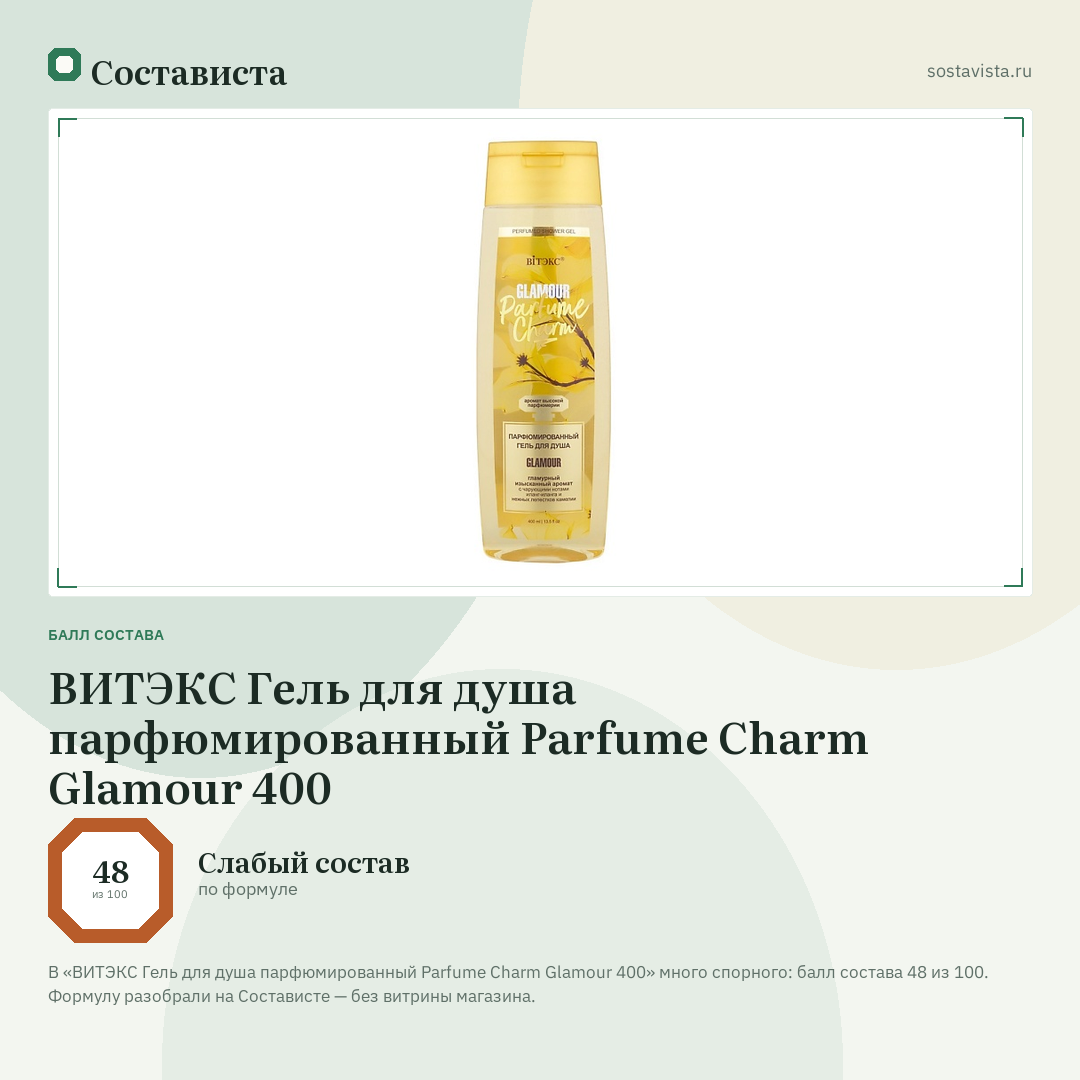 ВИТЭКС Гель для душа парфюмированный Parfume Charm Glamour 400: балл состава 48 из 100 — Состависта
