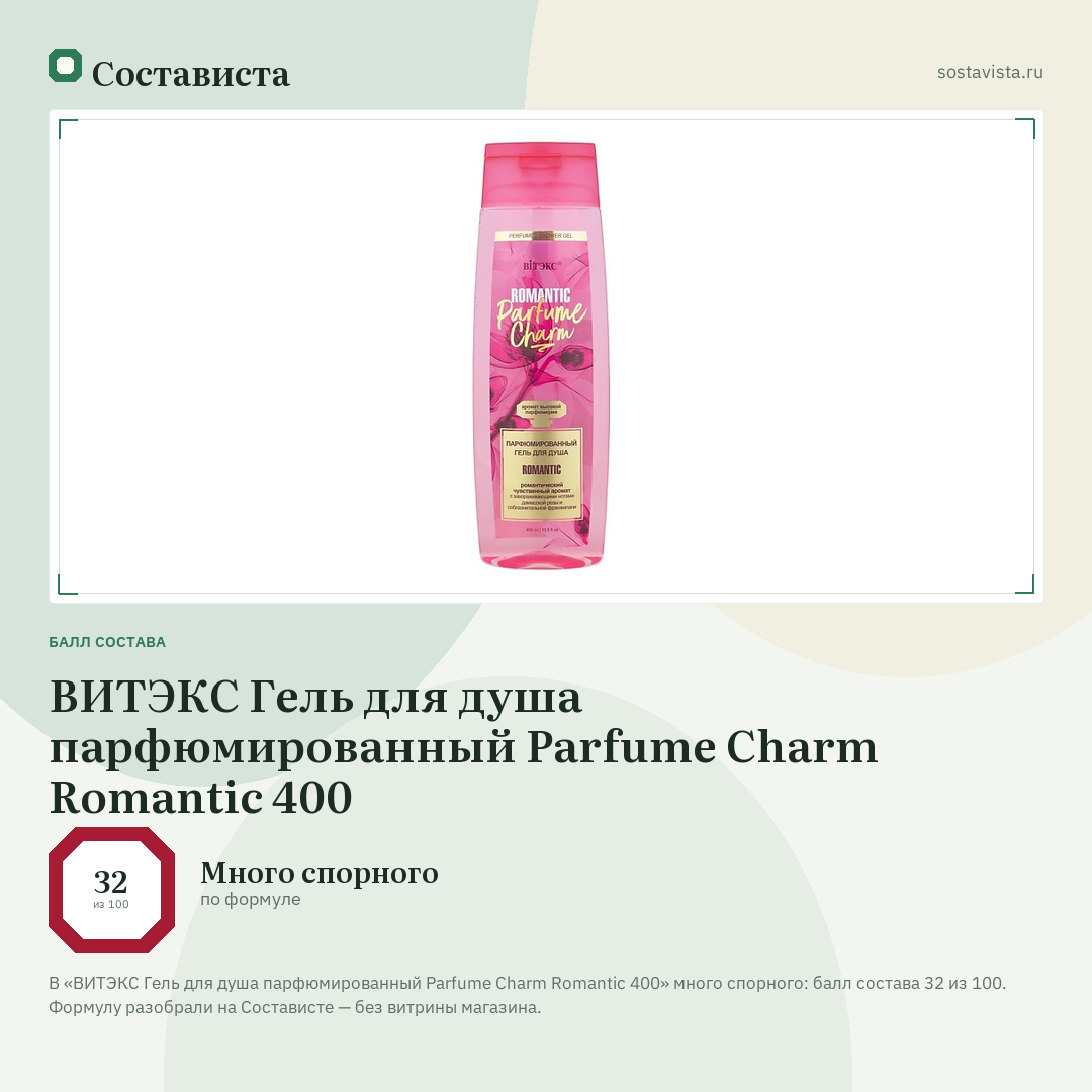 ВИТЭКС Гель для душа парфюмированный Parfume Charm Romantic 400: балл состава 32 из 100 — Состависта