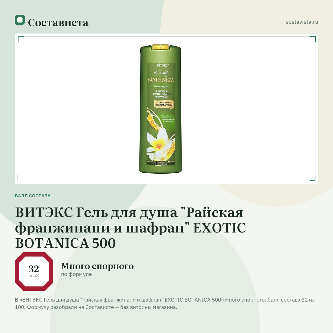 ВИТЭКС Гель для душа "Райская франжипани и шафран" EXOTIC BOTANICA 500: балл состава 32 из 100 — Состависта