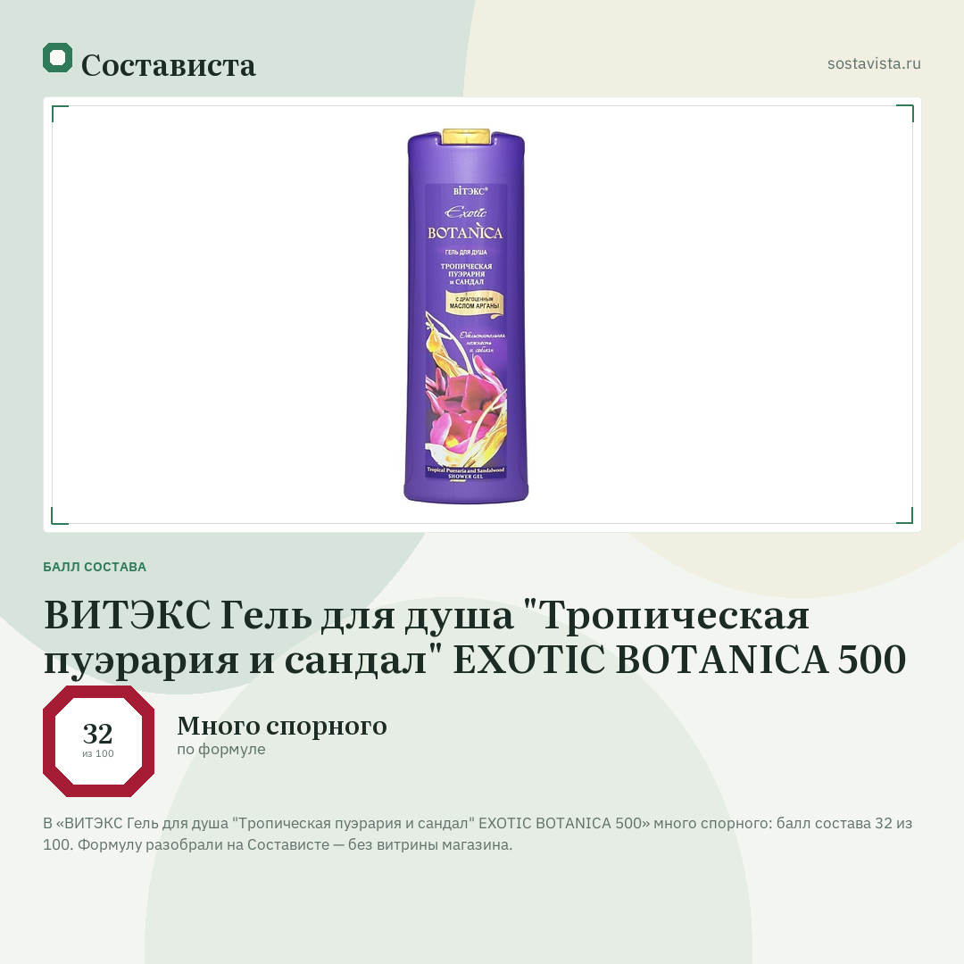 ВИТЭКС Гель для душа "Тропическая пуэрария и сандал" EXOTIC BOTANICA 500: балл состава 32 из 100 — Состависта