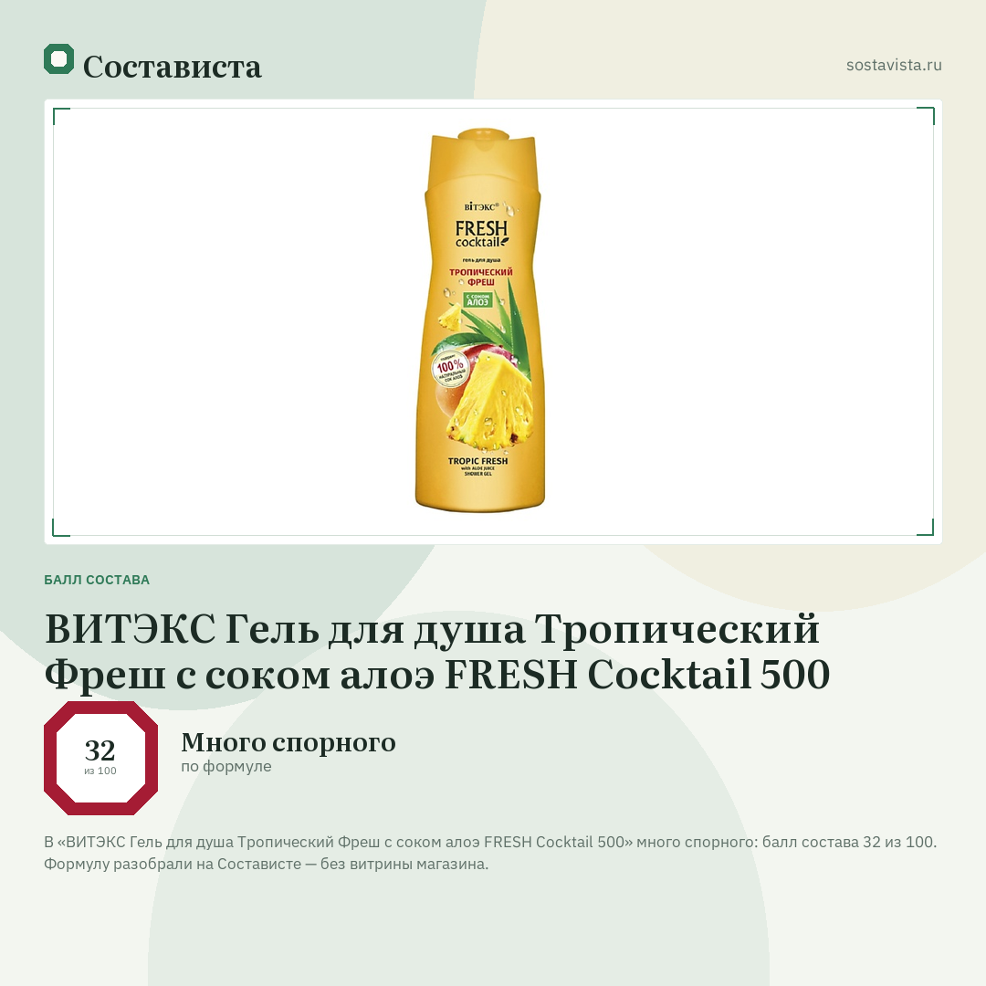 ВИТЭКС Гель для душа Тропический Фреш с соком алоэ FRESH Cocktail 500: балл состава 32 из 100 — Состависта