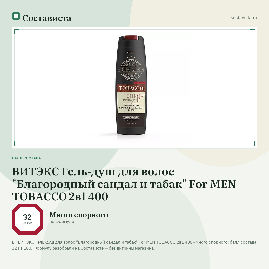 ВИТЭКС Гель-душ для волос "Благородный сандал и табак" For MEN TOBACCO 2в1 400: балл состава 32 из 100 — Состависта